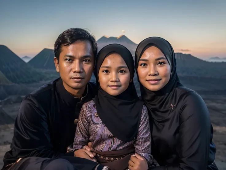 close-up portrait an indonesian family has a father and mother and an eight year old daughter wearing a hijab. and traditional j...