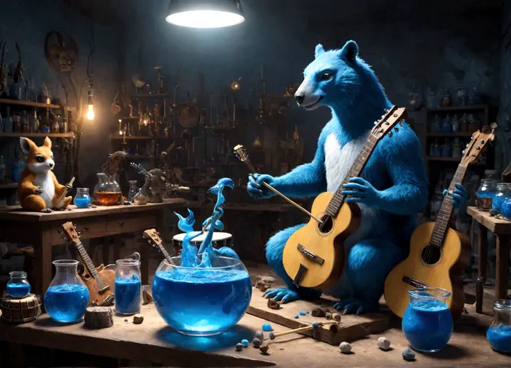 Sucrose in his laboratory, with music guitars and drums, to make a blue potion; animals playing musical instruments.