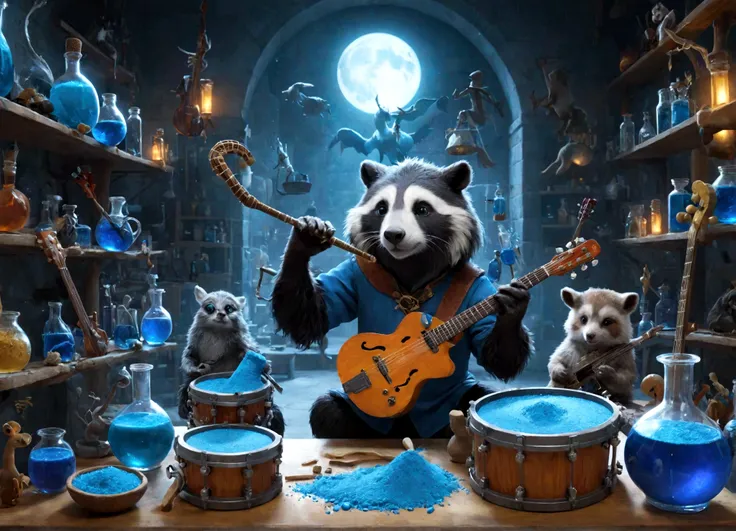 Sucrose in his laboratory, with music guitars and drums, to make a blue potion; animals playing musical instruments.