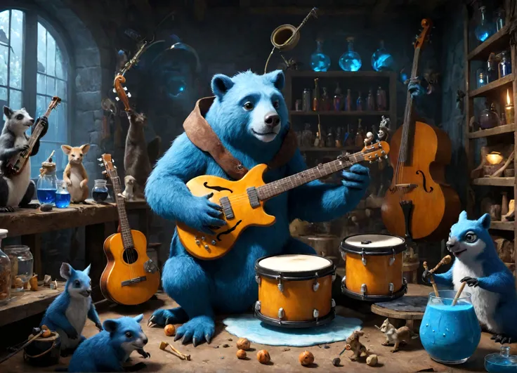 Sucrose in his laboratory, with music guitars and drums, to make a blue potion; animals playing musical instruments.