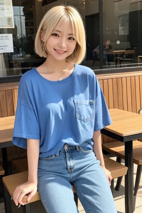 Live Action,A Japanese woman with short blonde bob hair,university student,Simple,discreet earrings,Lunch at the cafe,Sitting,An innocent smile,Wear a T-shirt that shows your body line,Oversized denim pants,Ultra HD,