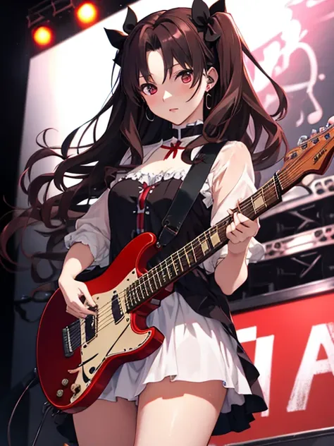 Tohsaka Rin、guitarist、stage、UHD, retina, masterpiece, ccurate, anatomically correct, textured skin, super detail, high details, high quality, best quality, highres, 4K