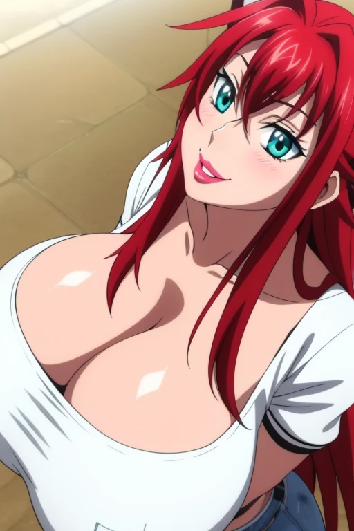 Rias gremory 1 girl, ((bimbo))), long blond hair, cute smile face, puffy lips, painted lips, thick lips, wide hips, thick thighs, huge ass, craving lust face , enormous huge natural breasts, cleavage, mature mom, high waist jeans, white top, close up on up...