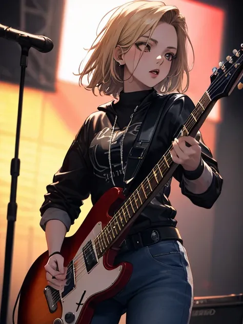 guitarist、stage、Android 18、UHD, retina, masterpiece, ccurate, anatomically correct, textured skin, super detail, high details, high quality, best quality, highres, 4K