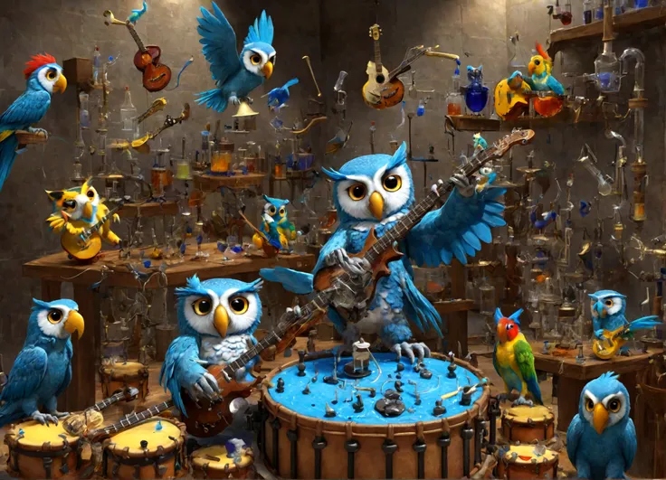 Sucrose in his laboratory, with music guitars and drums, to make a blue potion; animals(owls and parrots) playing musical instruments.