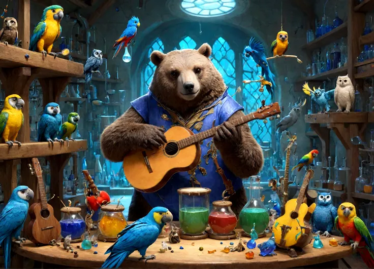 Sucrose in his laboratory, with music guitars and drums, to make a blue potion; animals(bears, owls and parrots) playing musical instruments.