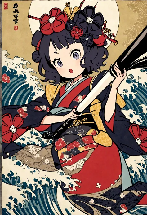 Calligraphy performance, kimono, huge brush, ink, splashes, bold waves dancing with big brush, Hokusai Katsushika, delicate and precise, modern Ukiyoe style, girl