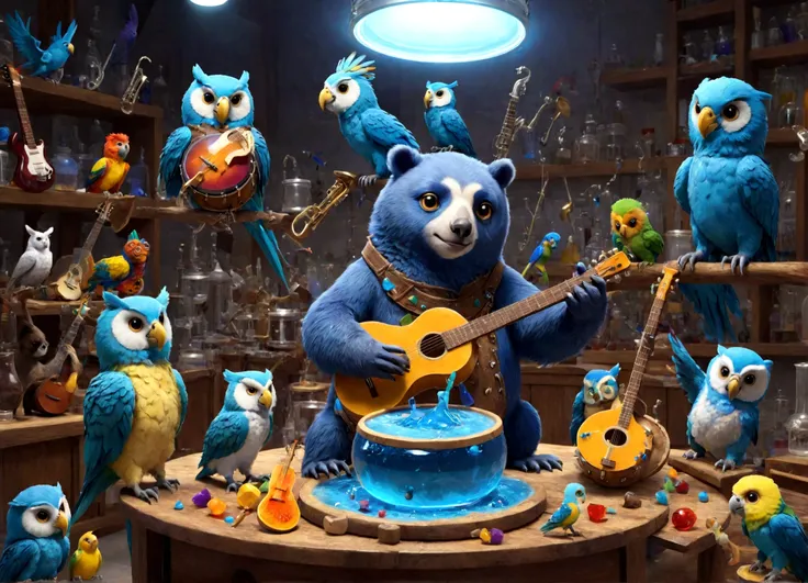 Sucrose in his laboratory, with music guitars and drums, to make a blue potion; happy animals (bears, owls and parrots) playing musical instruments.