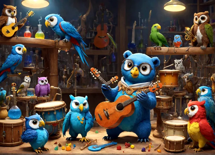 Sucrose in his laboratory, with music guitars and drums, to make a blue potion; happy animals (bears, owls and parrots) playing musical instruments.