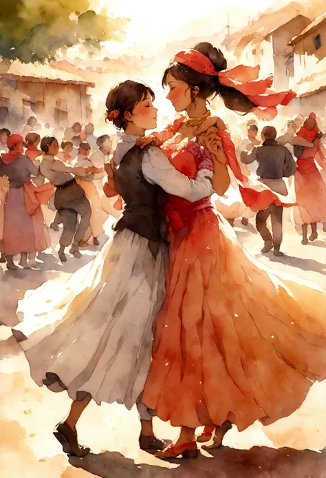 village of Peru, people dancing, Watercolor