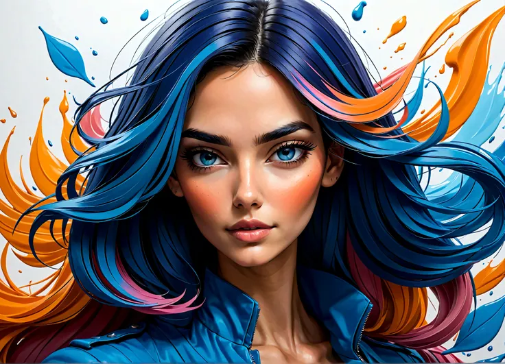 Uma linda mulher, highlighted in vibrant colors like a colored pencil drawing, tirando o cabelo do rosto. The woman is very well dressed in a mix of blue tones, rosa e laranja, com detalhes intrincados destacando suas vestes. All around her are splashes of...