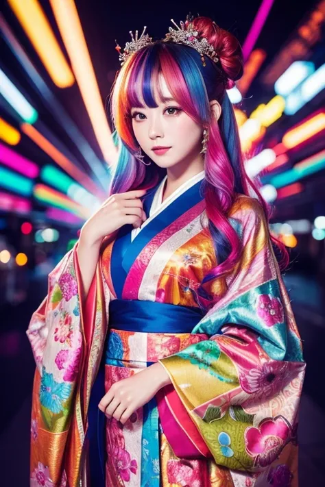 highest quality,masterpiece,Japanese Princess,Colorful hair colors,Fair skin,Long Hair,Twelve-layered robe,Kimono with flashy patterns,Intelligence,sexy, Cyber Background,Lori,