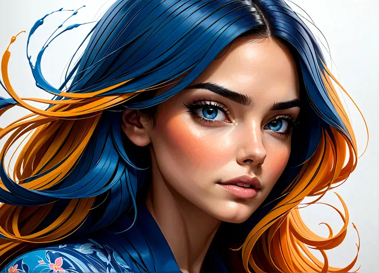 Uma linda mulher, highlighted in vibrant colors like a colored pencil drawing, tirando o cabelo do rosto. The woman is very well dressed in a mix of blue tones, rosa e laranja, com detalhes intrincados destacando suas vestes. All around her are splashes of...