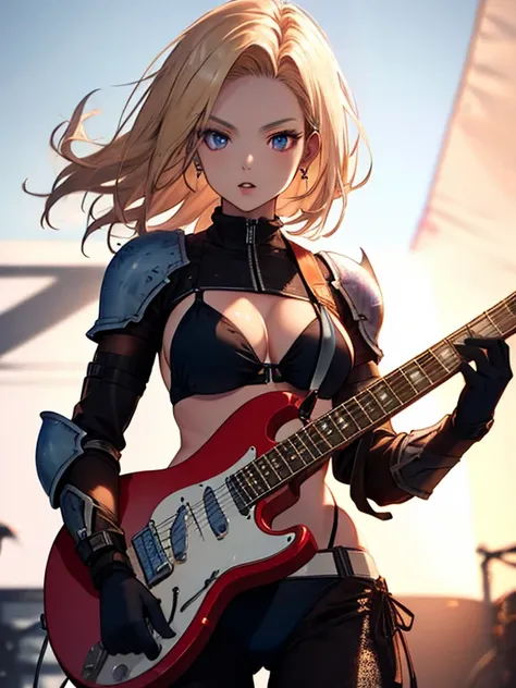 guitarist、stage、Android 18、Bikini Armor、UHD, retina, masterpiece, ccurate, anatomically correct, textured skin, super detail, high details, high quality, best quality, highres, 4K