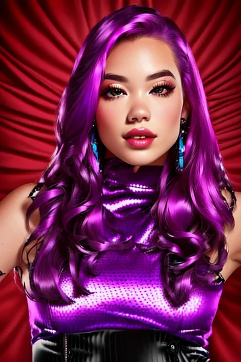 1girl, 18 years old, Luna Rose Williams, Japanese ancestry, some caucasian ancestry, , 55” tall, waist-length hair, purple dyed hair, flowing hair, blue eyes, bright and shiny eyes, full lips, pink lips, slim body, fit, curvy hips, modest bosom, small hand...