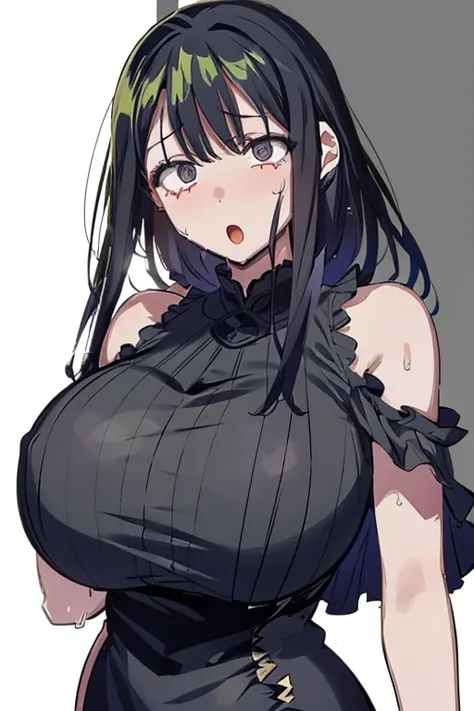 Browsing Caution、looking at the camera、When I Look at You、lookatviewer、Anime Style、Eroge、1 girl,  (Huge breasts:1.5), 、(Ribbed maxi dress)、whole body、From before、Long black hair、blush, (Sweat:1.5),Round Breasts