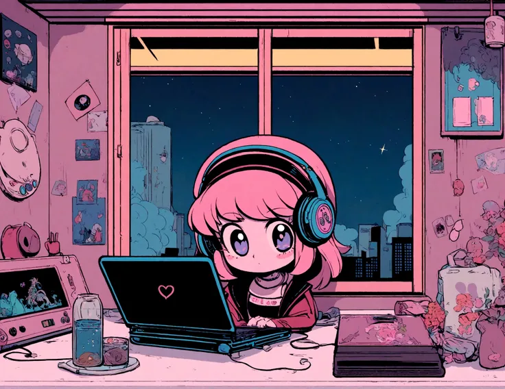 Anime girl sitting at the table with laptop and headphones inside, night view in the window, zero garota, Estilo de arte de elogio, retrato de lofi, arte lofi, Lofi sensation, zero, ZERO vibrations, relaxe, lofi girl aesthetic, arte lo-fi, cor zero, lo-fi ...