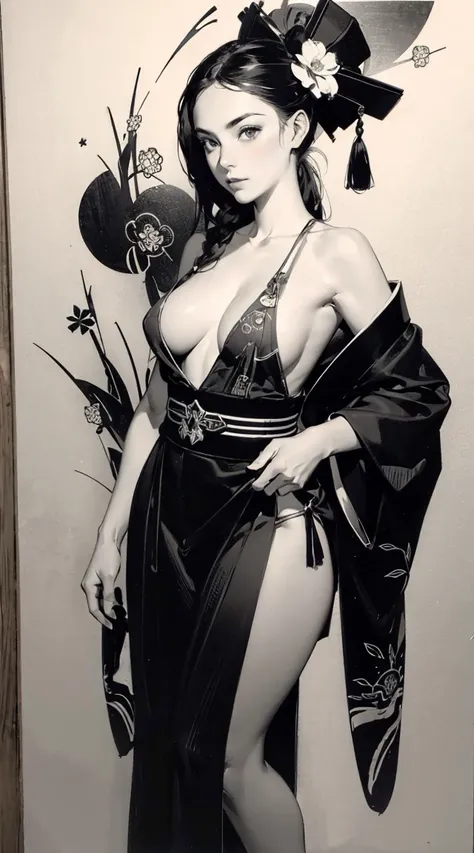 Umalinda warrior sexy, pretty face, Delicious Company, Alluring figure, Wearing a sexy open kimono. The artwork is created in a medium reminiscent of Japanese ink paintings....., Features bold brushstrokes and a Monochromatic color palette. artist&#39;Mast...