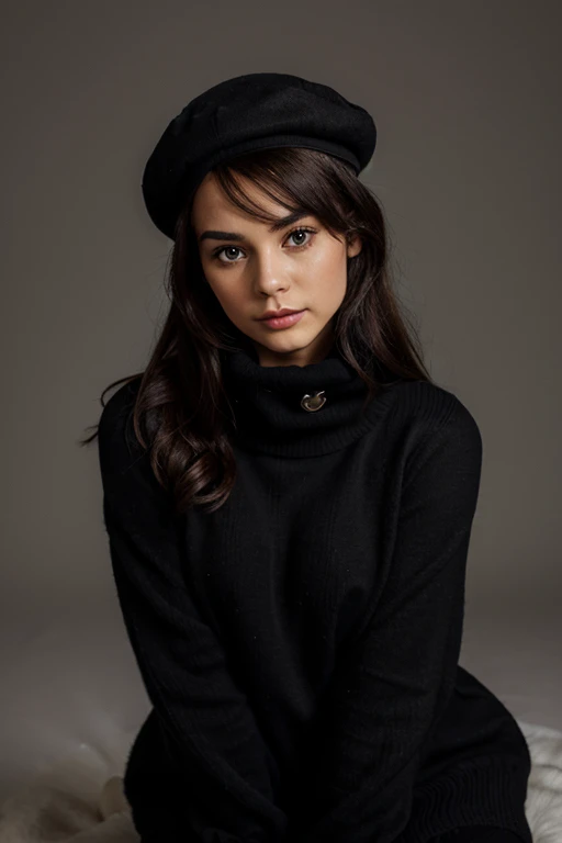 cat in a black sweater with a high collar and a black beret