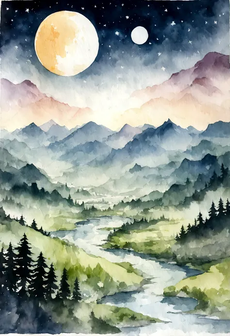 Mountains, Valley, River, moon, stars, Watercolor