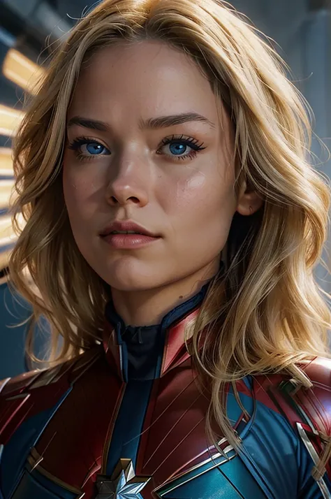 "Generate an image of a stunning version of Captain Marvel with long flowing blonde hair. Seu cabelo brilha sob a luz do sol, criando um visual espetacular. She possesses piercing blue eyes that radiate confidence and power. Wearing Captain Marvels iconic ...