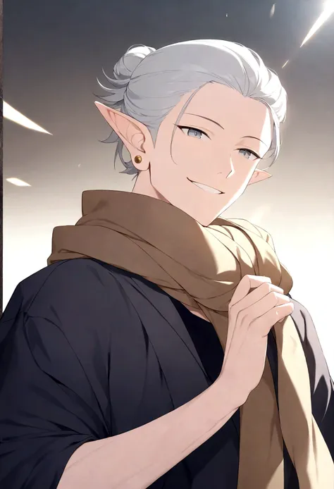 (Artwork, very high quality photo, CGI effect, lighting effect, shading effect), a male elf, bright gray eyes, short platinum hair, (wearing a black kimono with gold details), a brown scarf wrapped around his neck , white yukata over the kimono, (A confide...