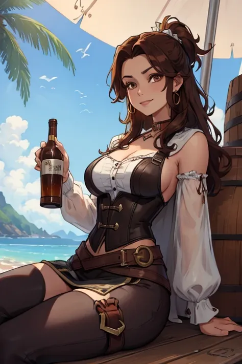 a brown haired woman with copper eyes and an hourglass figure in a pirate's outfit is sitting on a barrel on a pirate ship with ...