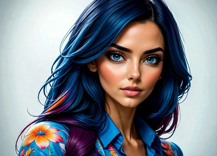 Uma linda mulher, highlighted in vibrant colors like a colored pencil drawing, tirando o cabelo do rosto. The woman is very well dressed in a mix of blue tones, rosa e laranja, com detalhes intrincados destacando suas vestes. All around her are splashes of...