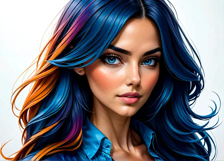 uma linda mulher, highlighted in vibrant colors like a colored pencil drawing, tirando o cabelo do rosto. the woman is very well...