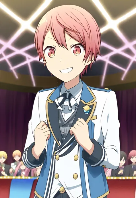 tenma_tsukasa, ganbaruzoi, smiling, on a stage, in a theatre