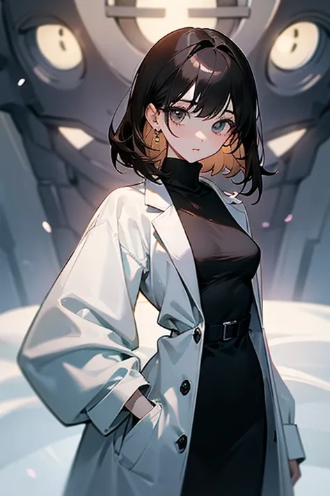 pretty girl、beautiful girl、Subjective camera、Black Hair、Earrings、Turtleneck knit、White、Big eyes、cute、Cowboy Shot、Slender、slender、Big breasts、Small waist、Accentuated breasts、Female doctor、doctor、Brown Hair、White long coat for medical use、