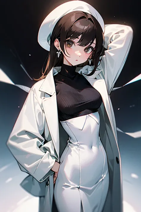 pretty girl、beautiful girl、Subjective camera、Black Hair、Earrings、Turtleneck knit、White、Big eyes、cute、Cowboy Shot、Slender、slender、Big breasts、Small waist、Accentuated breasts、Female doctor、doctor、Brown Hair、White long coat for medical use、Crop Top Look、