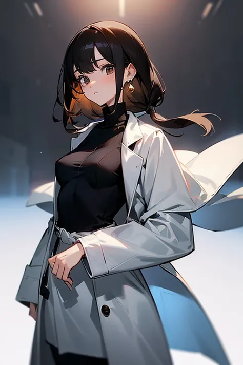 pretty girl、beautiful girl、Subjective camera、Black Hair、Earrings、Turtleneck knit、White、Big eyes、cute、Cowboy Shot、Slender、slender、Big breasts、Small waist、Accentuated breasts、Female doctor、doctor、Brown Hair、White long coat for medical use、