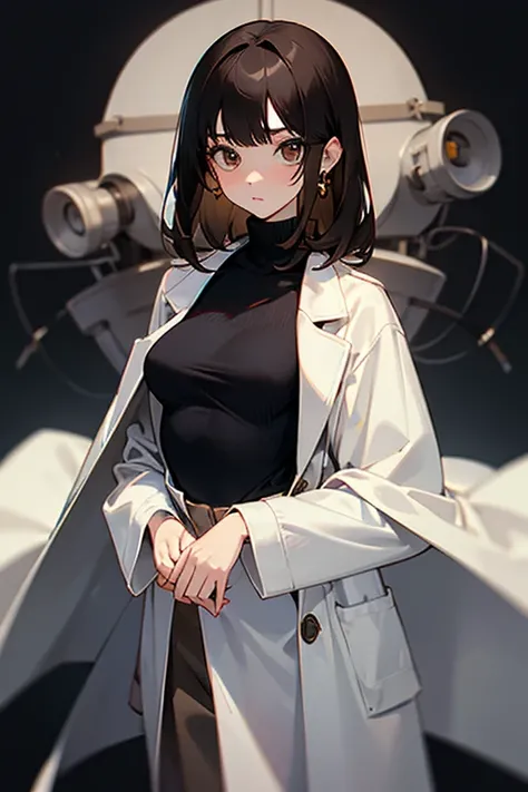 pretty girl、beautiful girl、Subjective camera、Black Hair、Earrings、Turtleneck knit、White、Big eyes、cute、Cowboy Shot、Slender、slender、Big breasts、Small waist、Accentuated breasts、Female doctor、doctor、Brown Hair、White long coat for medical use、