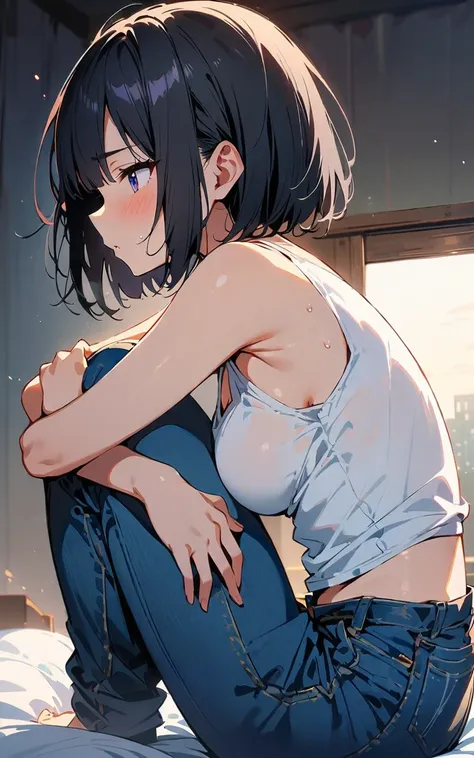 (masterpiece, highest quality:1.2), {best quality}, {very aesthetic}, {ultra-detailed}, {best illustration}, nsfw, Hugging Knees,,One girl, Sitting on the bed, Bobcut, Bluish black hair、White sleeveless tank top，Blue Denim Shorts,