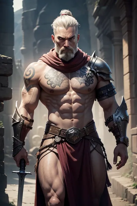 Psi Warrior, man and stone, gray skin, face tattoos, gray skin, armor, plate armor, giant, Shield and Sword, Goliath, DnD. Stone, Goliath, DND, warrior, gray skin, tattoo, plate armor, shield, sword