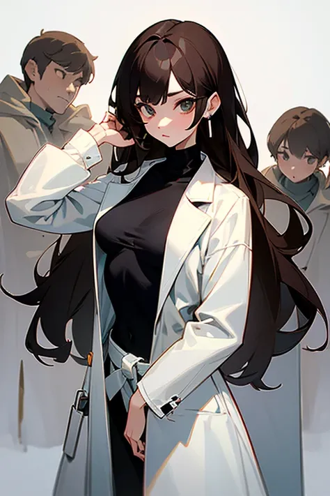 pretty girl、beautiful girl、Subjective camera、Black Hair、Earrings、Turtleneck knit、White、Big eyes、cute、Cowboy Shot、Slender、slender、Big breasts、Small waist、Accentuated breasts、Female doctor、doctor、Brown Hair、White long coat for medical use、