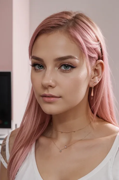 Generates realistic faces of a 19 year old e-girl with pink hair. Elle a des cheveux roses vifs, cut in a modern style, peut-être avec une frange ou des mèches encadrant son visage. Son visage est jeune et expressif, avec une peau claire et un maquillage c...