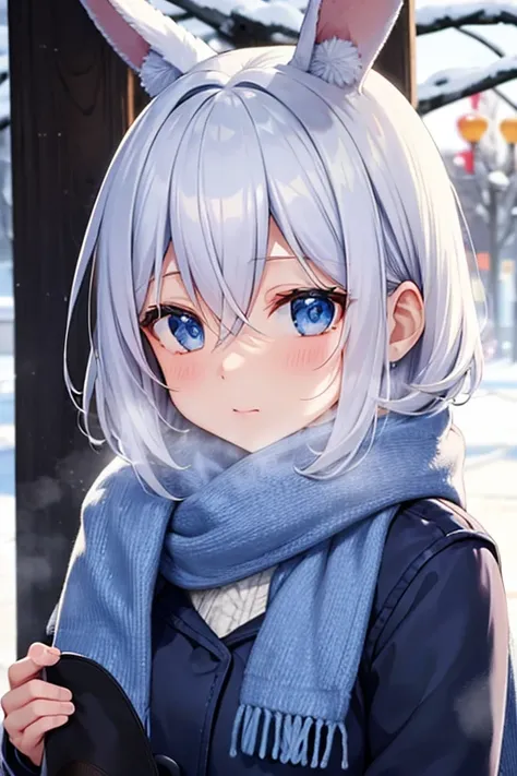 Bob white hair , , blue eyes, sweater, scarf, snow, very detaile, cute, snow rabbit, cold