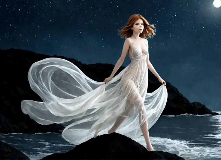 (Kate Mara (age 20) ethereal, ghostly, dressed in sheer near nude billowing fabrics) she is a haunting beauty walking just above the ground on a moonlit night, coast
