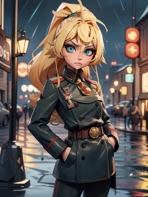 score_9, score_8_up, score_7_up BREAK TanyaDegurechaff, 1girl, solo, long hair, looking at viewer, blush, bangs, blue eyes, blonde hair, long sleeves, hair between eyes, closed mouth, standing, ponytail, ahoge, sidelocks, cowboy shot, outdoors, belt, blurr...