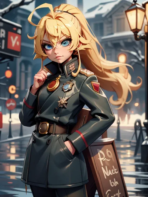 score_9, score_8_up, score_7_up BREAK TanyaDegurechaff, 1girl, solo, long hair, looking at viewer, blush, bangs, blue eyes, blonde hair, long sleeves, hair between eyes, closed mouth, standing, ponytail, ahoge, sidelocks, cowboy shot, outdoors, belt, blurr...