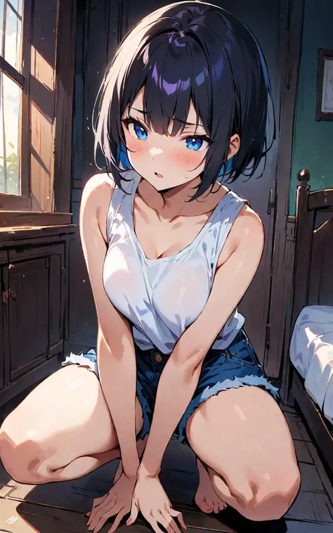 (masterpiece, highest quality:1.2), {best quality}, {very aesthetic}, {ultra-detailed}, {best illustration}, nsfw, squatting, spread legs, knees away,One girl, bed, Bobcut, Bluish black hair、White sleeveless tank top，Blue Denim Shorts,