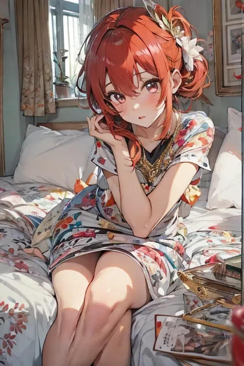 8k, masterpiece,1 girl, Redhead, Updo, Facial hair stripes, Red eyes, mascara, Impact, sexy、Bedroom