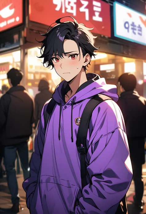 1 boy, handsome boy, Black Hair, Comma hair, forehead Comma hair, Korean Hair, Street style, Purple Hoodie, Shiny, Red Eyes, looking at the audience, Upper Body, Shy face