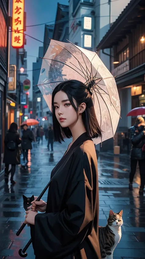 there are two pictures of a woman with an umbrella and a cat, artwork in the style of guweiz, guweiz, beautiful character painting, guweiz on artstation pixiv, guweiz on pixiv artstation, stunning anime face portrait, beautiful digital artwork, wlop rossdr...