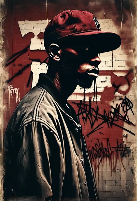 (gangsta rap old school rap 1990) graffiti on the walls, abandoned warehouse, grainy, sepia, creepy environment, dark red tint. creepypasta - a rapper in a baseball cap, a creepy look from the shadows. style by charlie bowett, albert joseph penaud, dariusz...