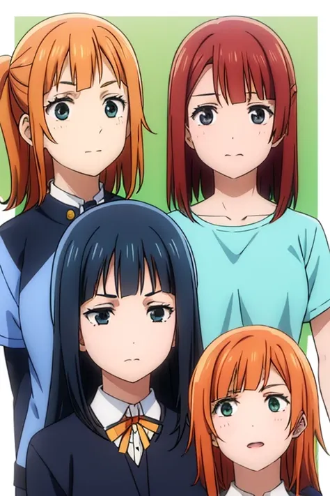 4 four girls, all in brown checkered uniforms, orange hair green eyes, Maria xiquinha with red hair, one brown eyes and hair and the other with black hair