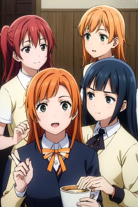 4 four girls, all in brown checkered uniforms, orange hair green eyes, Maria xiquinha with red hair, one brown eyes and hair and the other with black hair