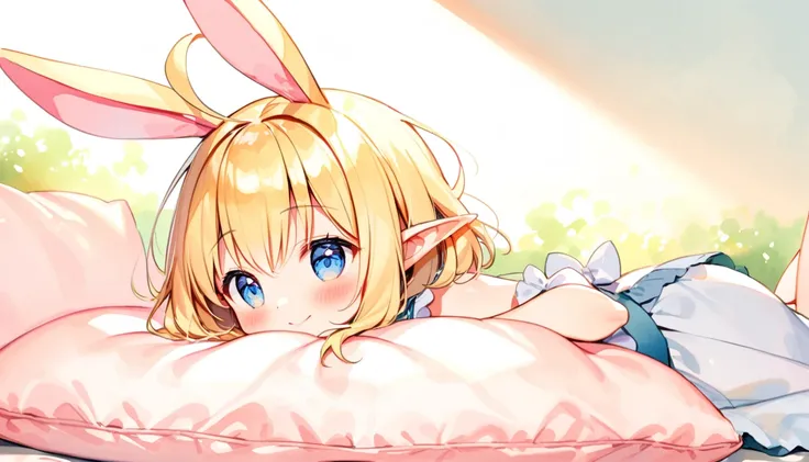 ((watercolor:1.4)), (little girl), solo, (loli face), (petite), glossy blonde hair, ahoge, happy smile, glasses, short hair, ((rabbit ears)), elf, blush, blue eyes, beautiful detailed eyes, lying on the bed, on stomach, ((buried in a pillow)), ((big pillow...